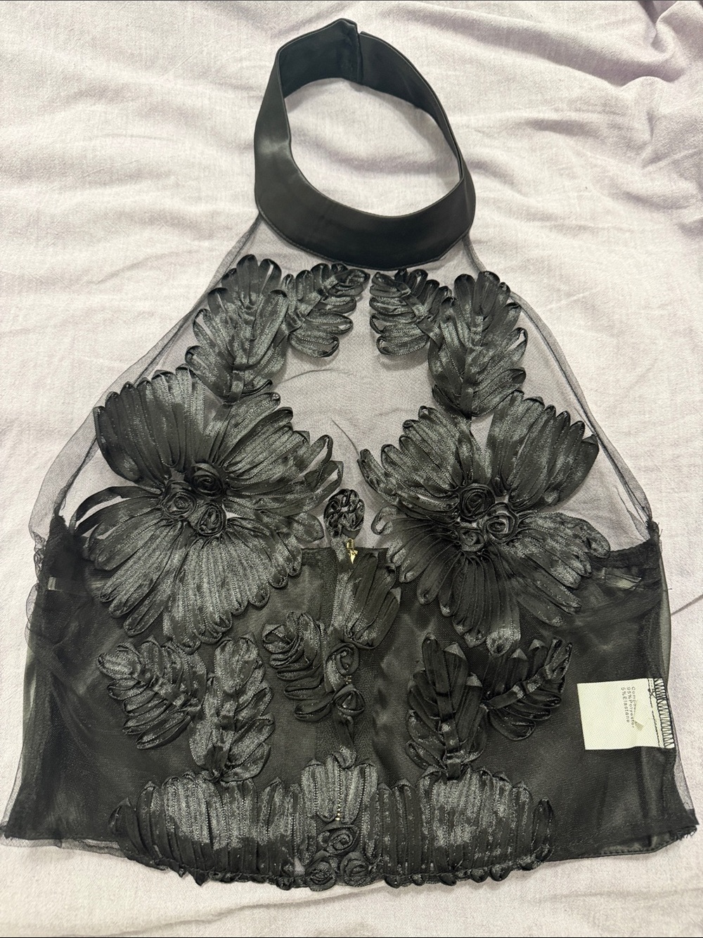 Sheer Black Embroidered Halter Crop Top - Picture 4 of 10